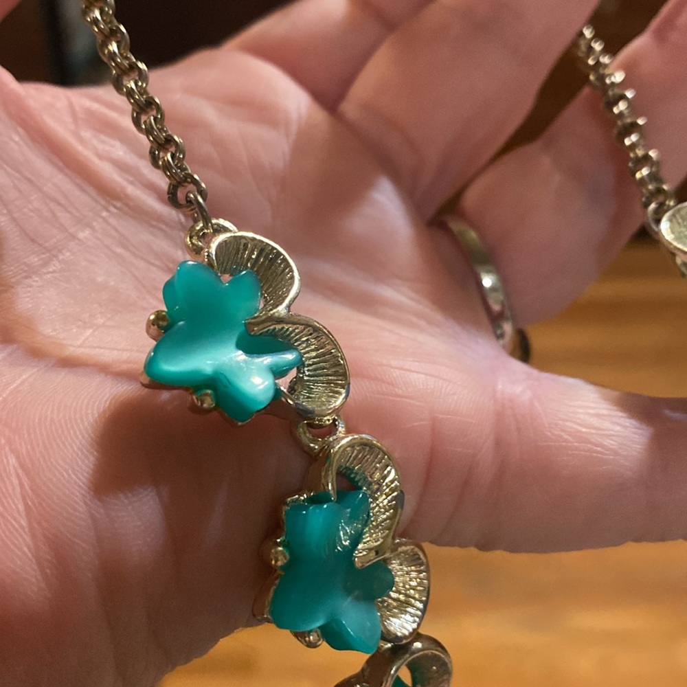 Vintage Thermostat Gold and Teal Floral Necklace - Picture 2 of 6